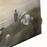 Vintage Animal Art - Shepherd with Sheep at Sunset by the Sea