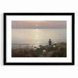 Vintage Animal Art - Shepherd with Sheep at Sunset by the Sea
