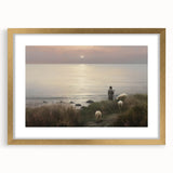 Vintage Animal Art - Shepherd with Sheep at Sunset by the Sea