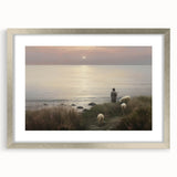 Vintage Animal Art - Shepherd with Sheep at Sunset by the Sea