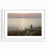 Vintage Animal Art - Shepherd with Sheep at Sunset by the Sea