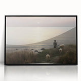 Vintage Animal Art - Shepherd with Sheep at Sunset by the Sea