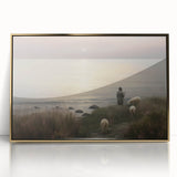 Vintage Animal Art - Shepherd with Sheep at Sunset by the Sea