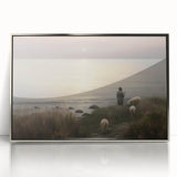 Vintage Animal Art - Shepherd with Sheep at Sunset by the Sea