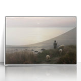 Vintage Animal Art - Shepherd with Sheep at Sunset by the Sea