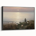 Vintage Animal Art - Shepherd with Sheep at Sunset by the Sea