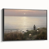 Vintage Animal Art - Shepherd with Sheep at Sunset by the Sea