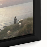 Vintage Animal Art - Shepherd with Sheep at Sunset by the Sea