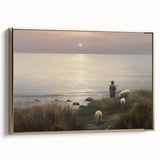 Vintage Animal Art - Shepherd with Sheep at Sunset by the Sea