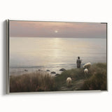 Vintage Animal Art - Shepherd with Sheep at Sunset by the Sea