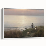 Vintage Animal Art - Shepherd with Sheep at Sunset by the Sea