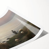 Vintage Animal Art - Shepherd with Sheep at Sunset by the Sea