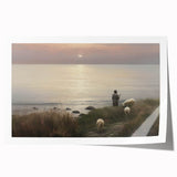 Vintage Animal Art - Shepherd with Sheep at Sunset by the Sea