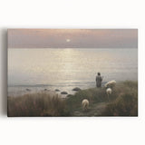 Vintage Animal Art - Shepherd with Sheep at Sunset by the Sea
