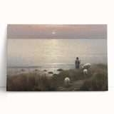 Vintage Animal Art - Shepherd with Sheep at Sunset by the Sea