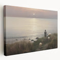 Vintage Animal Art - Shepherd with Sheep at Sunset by the Sea