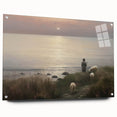 Vintage Animal Art - Shepherd with Sheep at Sunset by the Sea