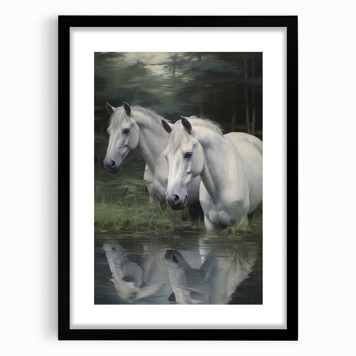 Vintage Animal Art: White Horses – Retro Wildlife Illustration