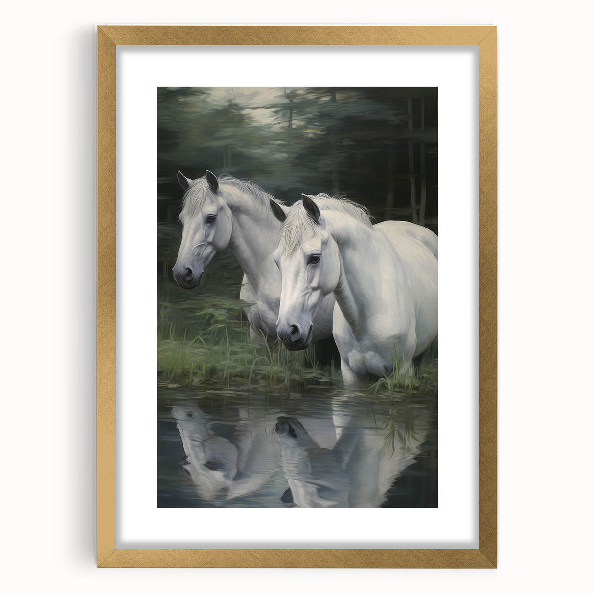 Vintage Animal Art: White Horses – Retro Wildlife Illustration