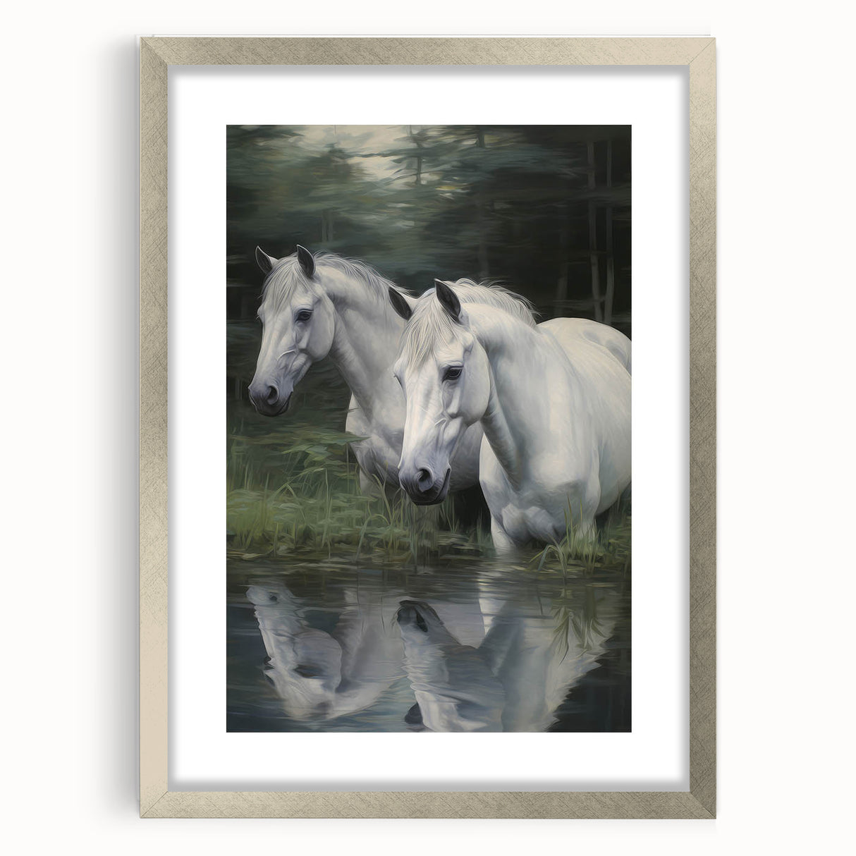 Vintage Animal Art: White Horses – Retro Wildlife Illustration