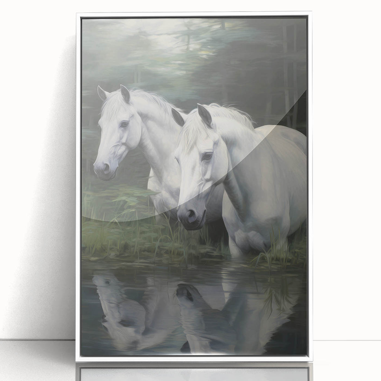Vintage Animal Art: White Horses – Retro Wildlife Illustration