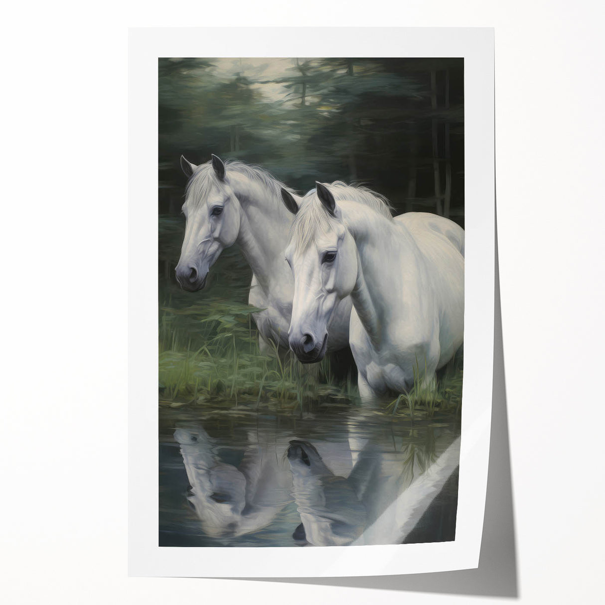 Vintage Animal Art: White Horses – Retro Wildlife Illustration