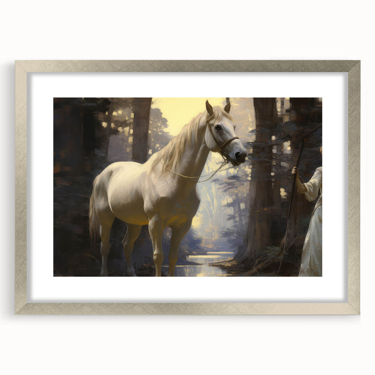 Vintage Animal Art - Majestic White Horse in Forest Setting