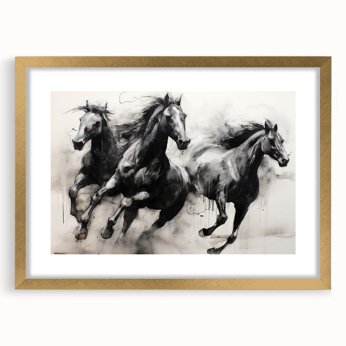 Vintage Animal Art - Powerful Running Black Horses