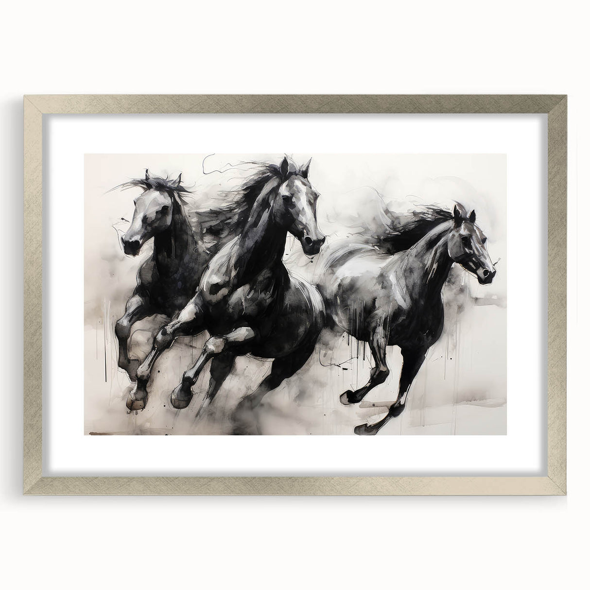 Vintage Animal Art - Powerful Running Black Horses