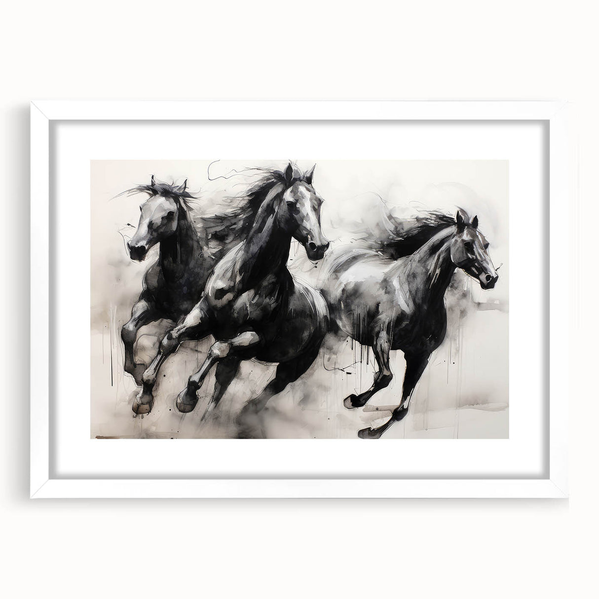 Vintage Animal Art - Powerful Running Black Horses
