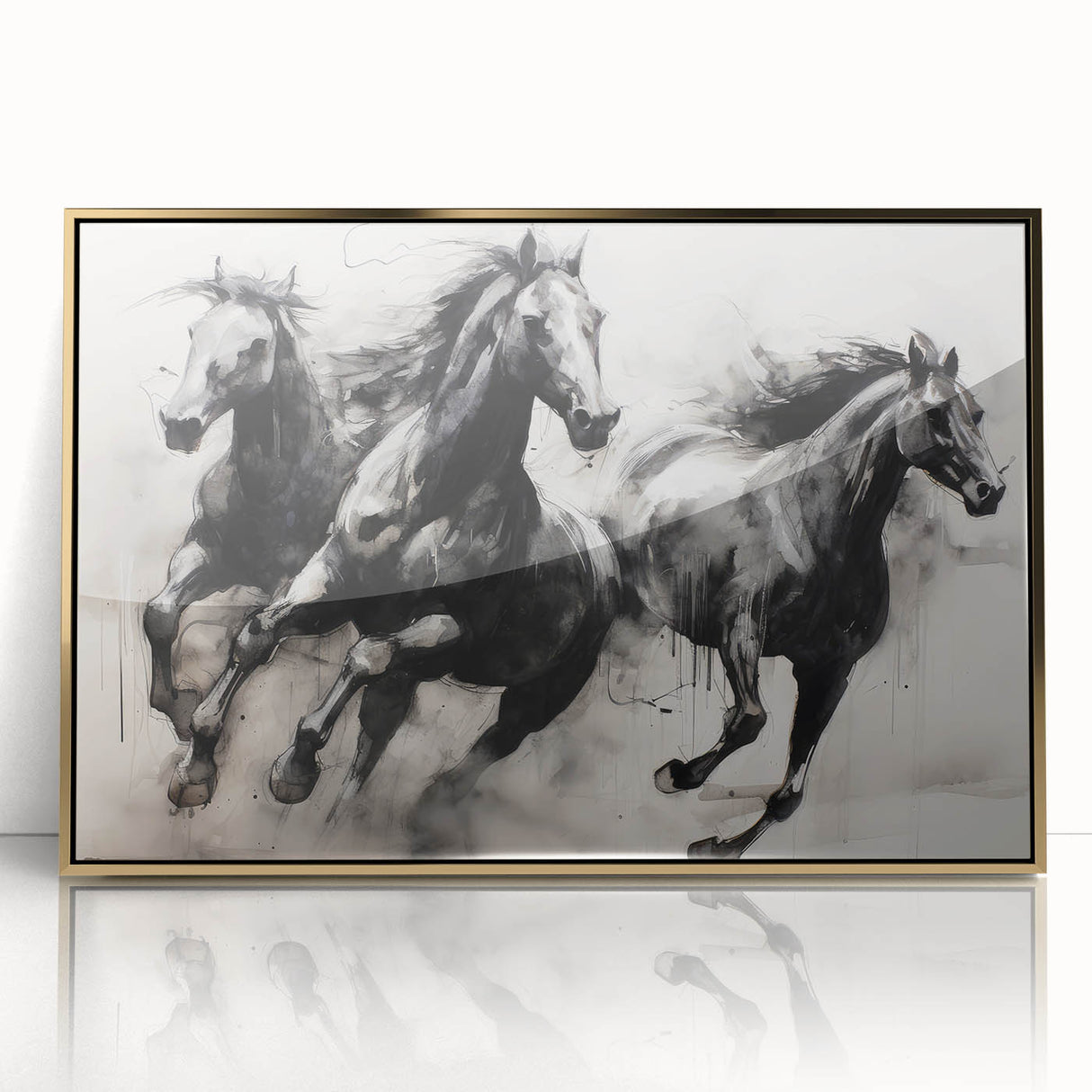 Vintage Animal Art - Powerful Running Black Horses