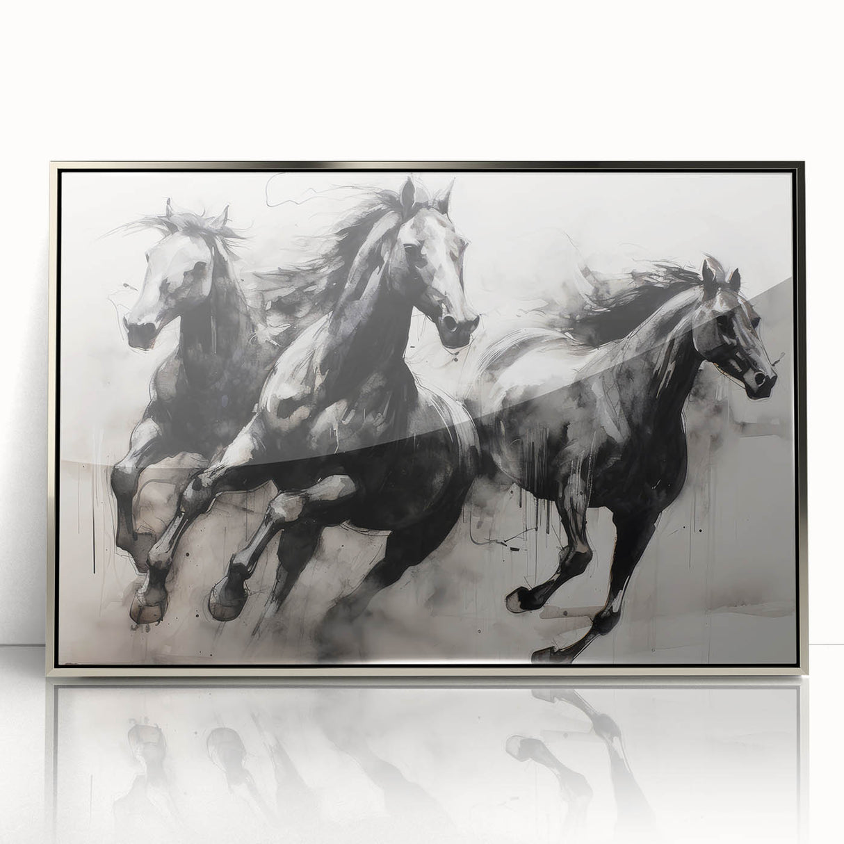 Vintage Animal Art - Powerful Running Black Horses