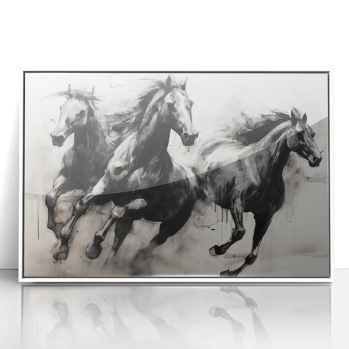 Vintage Animal Art - Powerful Running Black Horses
