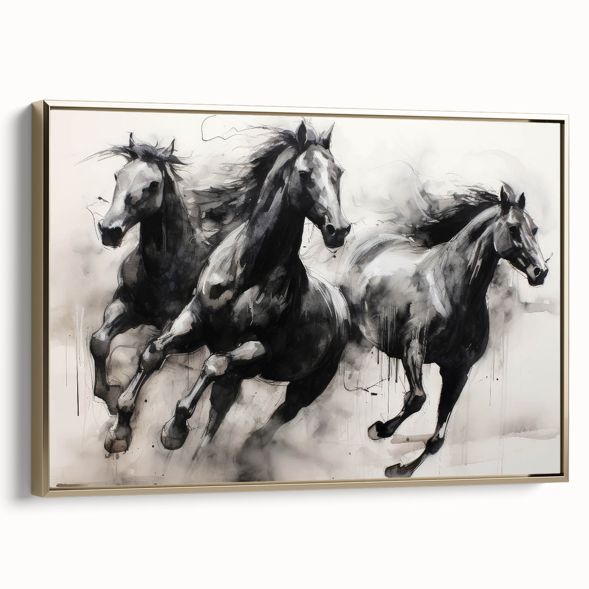 Vintage Animal Art - Powerful Running Black Horses