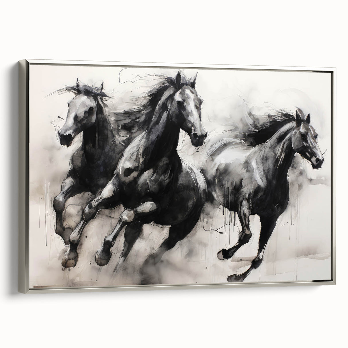 Vintage Animal Art - Powerful Running Black Horses