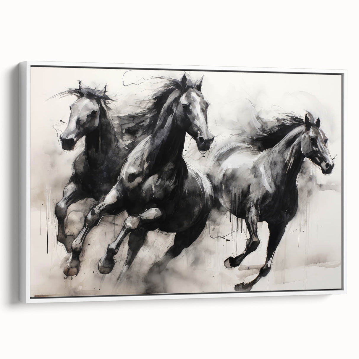 Vintage Animal Art - Powerful Running Black Horses