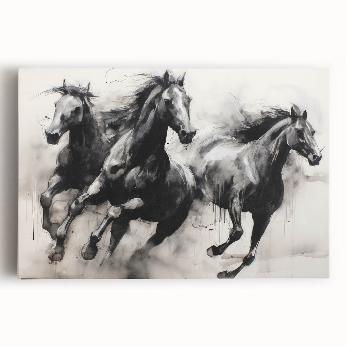 Vintage Animal Art - Powerful Running Black Horses