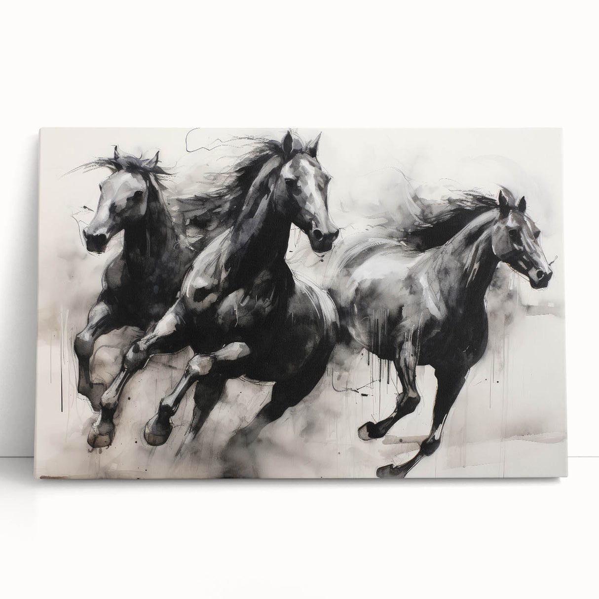 Vintage Animal Art - Powerful Running Black Horses
