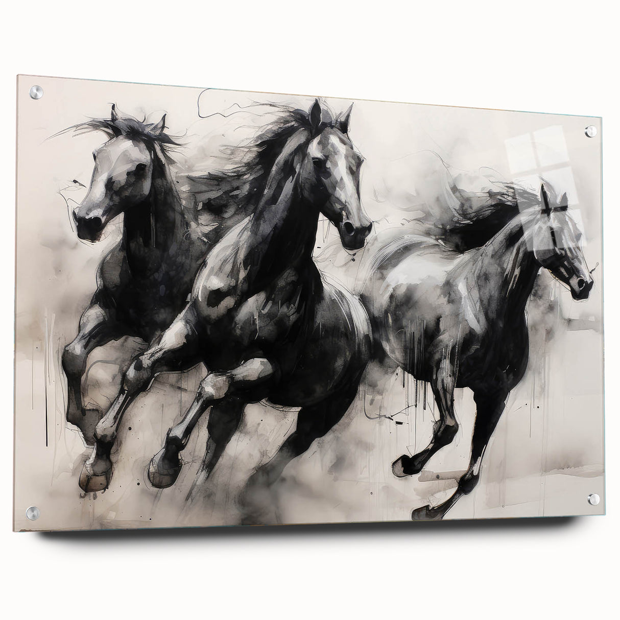 Vintage Animal Art - Powerful Running Black Horses
