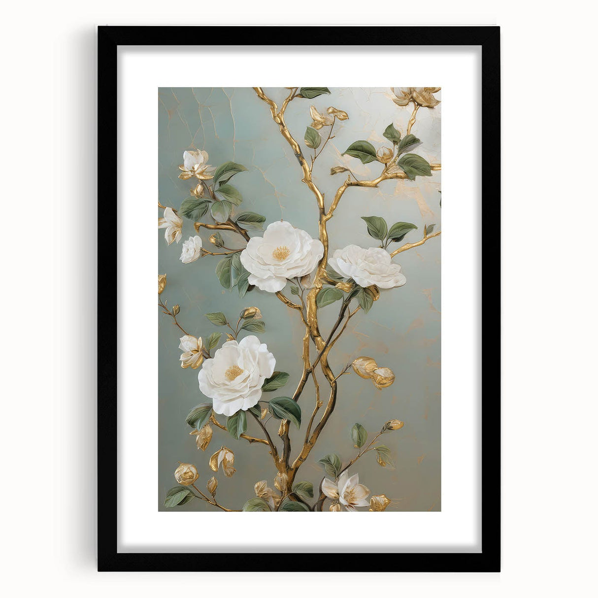 Vintage Botanical Art Prints – White Floral Illustration with Gold Accents