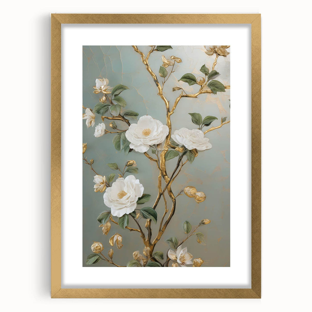 Vintage Botanical Art Prints – White Floral Illustration with Gold Accents