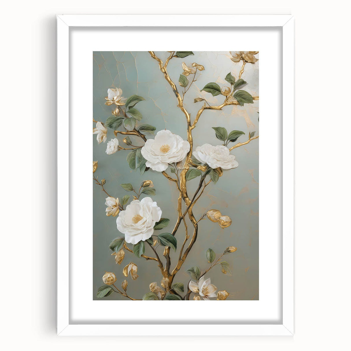 Vintage Botanical Art Prints – White Floral Illustration with Gold Accents