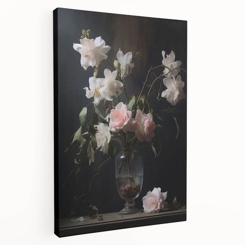 Vintage Botanical Art Prints – Soft Pink Roses in Vase Illustration
