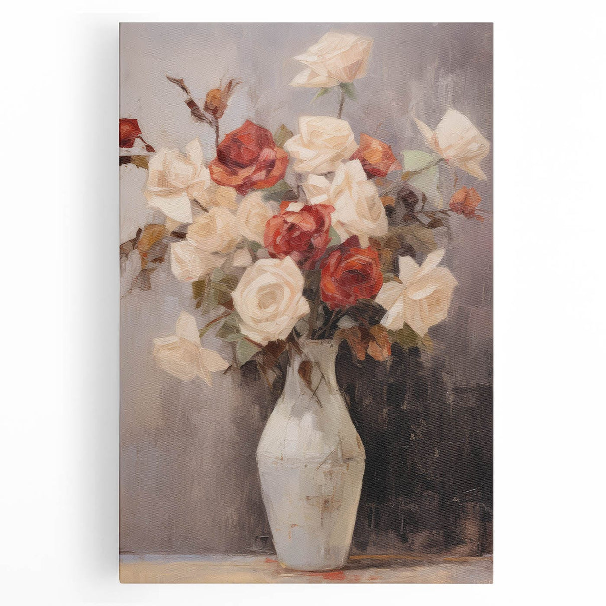 Vintage Botanical Art Prints – Red and White Roses in Vase Illustration