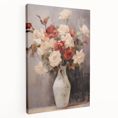 Vintage Botanical Art Prints – Red and White Roses in Vase Illustration