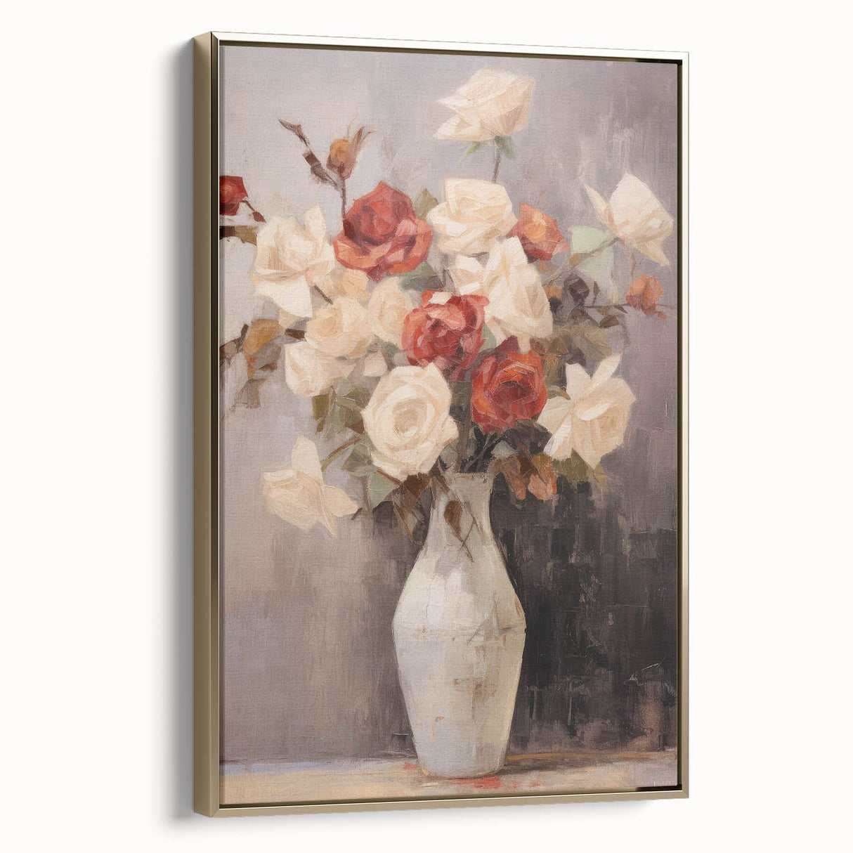 Vintage Botanical Art Prints – Red and White Roses in Vase Illustration