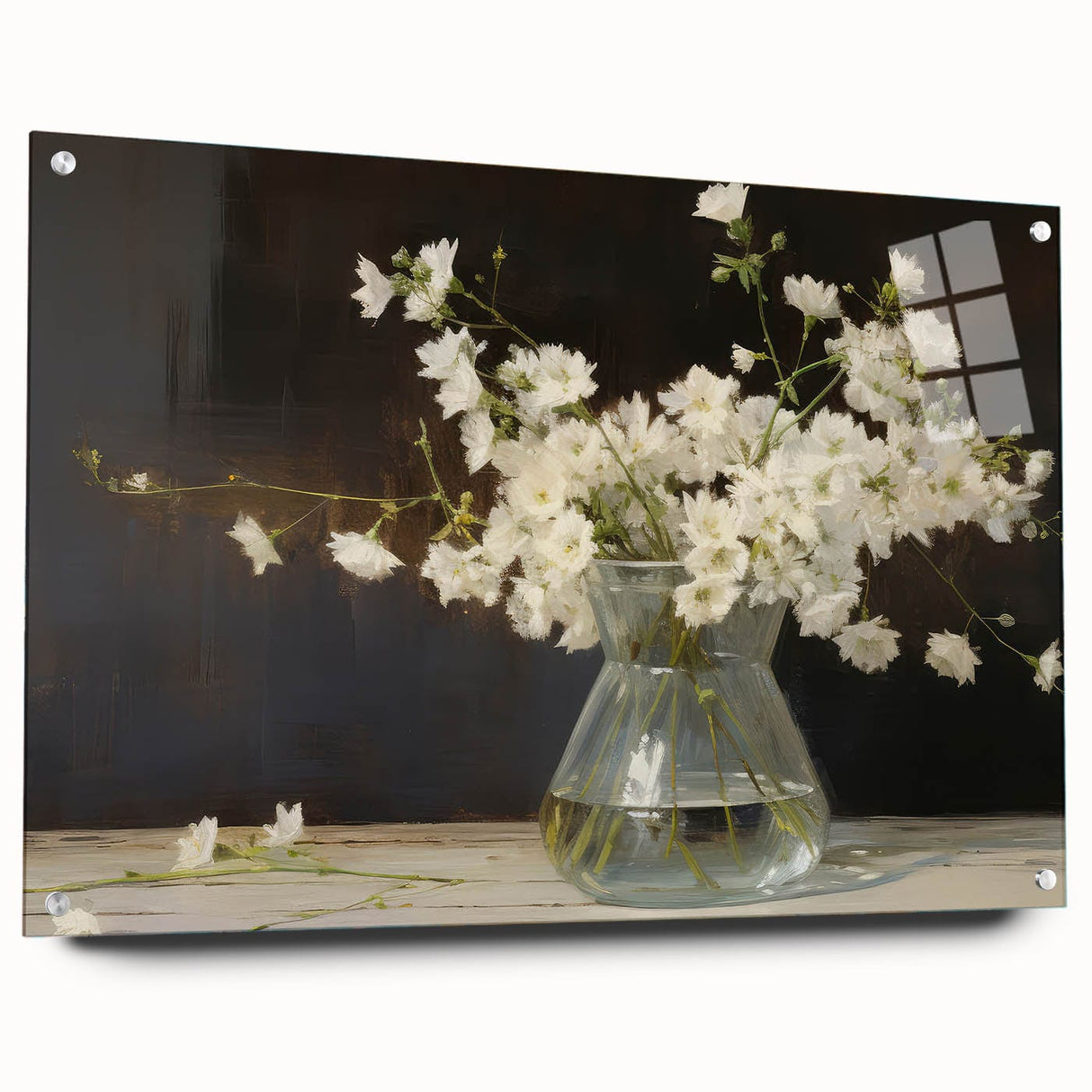 Vintage Botanical Art Prints – White Flowers in Glass Vase Illustration