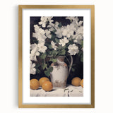 Vintage Botanical Art Print - White Flowers in Vase with Lemons – Framed