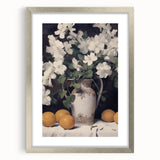 Vintage Botanical Art Print - White Flowers in Vase with Lemons – Framed
