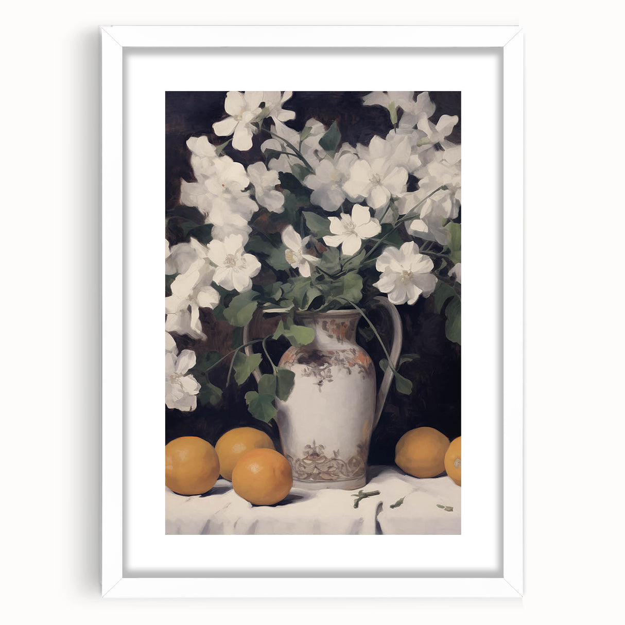 Vintage Botanical Art Print - White Flowers in Vase with Lemons – Framed